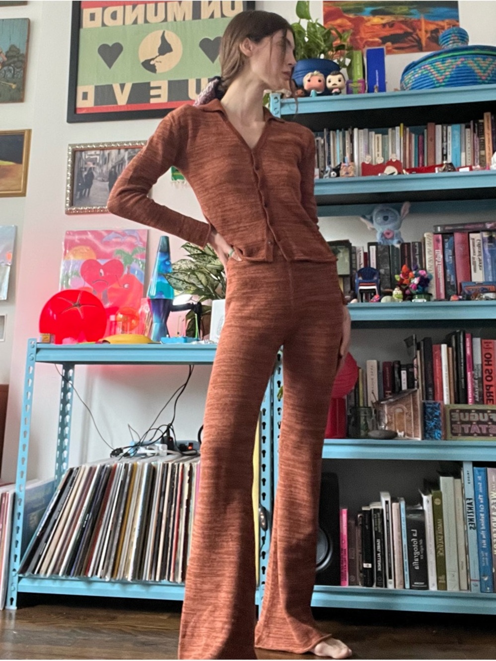 Ajaie Alaie Designer Women’s Hand Knit Suit Set in Light Red and Brown